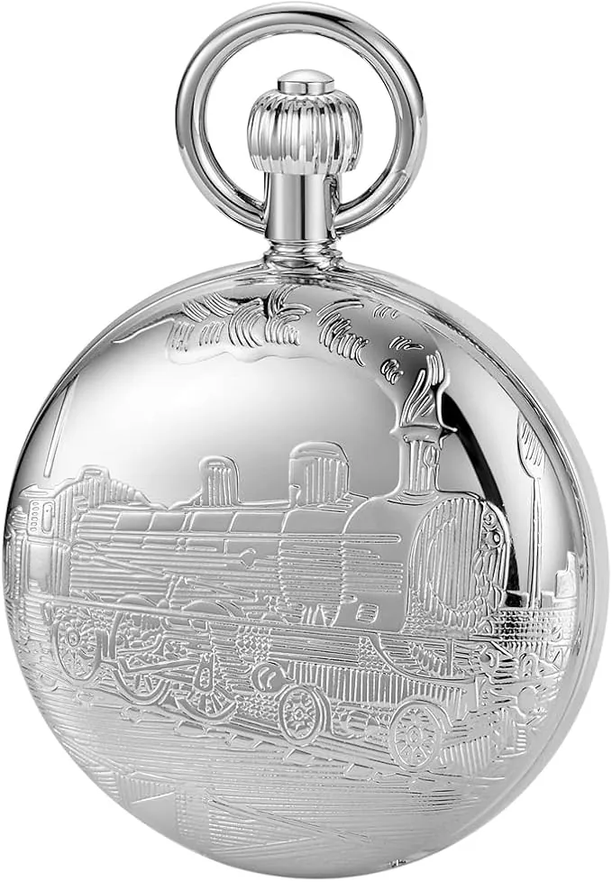 Reloj de bolsillo mecánico de acero inoxidable con diseño de tren de Londres, estilo vintage, con cadena