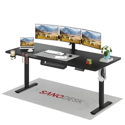 SANODESK Escritorio Elevable Eléctrico 200cm, Regulable en Altura con Memoria, Estable y Silencioso, Soporte hasta 100 kg, con Gancho y Portabotella, Oficina y Hogar (Negro)