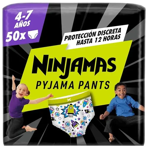 Dodot Pañal-Braguita Ninjamas, Talla 4-7 años (17-30 kg), 50 pañales tipo braguita, pañal noche con Naves espaciales, Protección Antifugas durante Toda La Noche