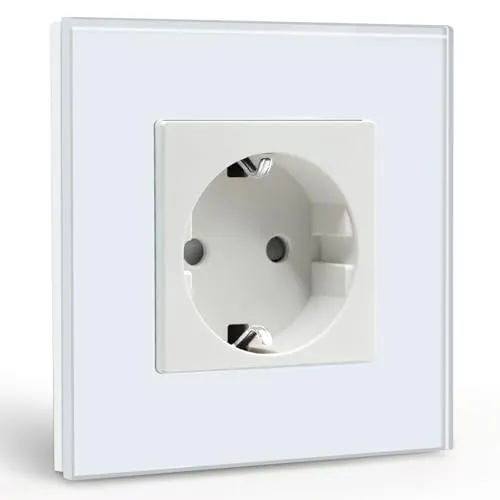 BSEED Enchufe de Pared,Schuko Enchufe Simple con Panel de Cristal Blanco,16A 250V Toma de Corriente Simple,1 Gang Enchufes de Extensión para Cocina,Dormitorio,Oficina,Hotel,etc-86mm*86mm