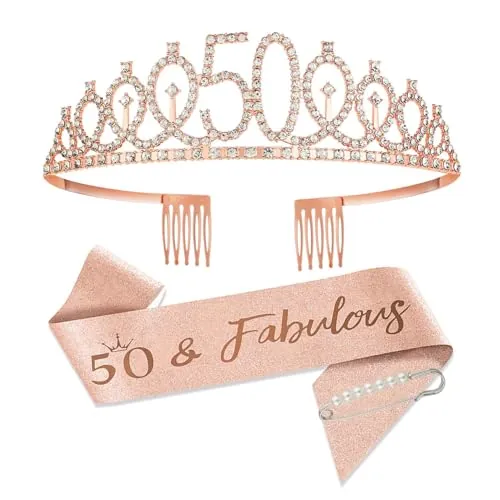 SCBOY 50 años Corona Cumpleaños 50 años Mujer Tiara y Rosa Deco Fajín Banda Cumpleaños Regalo Decoración de Fiesta de Cumpleaños
