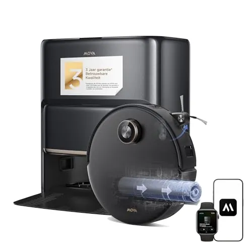 Mova Z60 Ultra Roller Complete Robot Aspirador con Fregona, 28.000 Pa, Elevación del Chasis y 8cm Superación de Obstáculos, Navegación DToF Retráctil+Láser Dual+IA RGB, Autolimpieza, Mopa Extensible