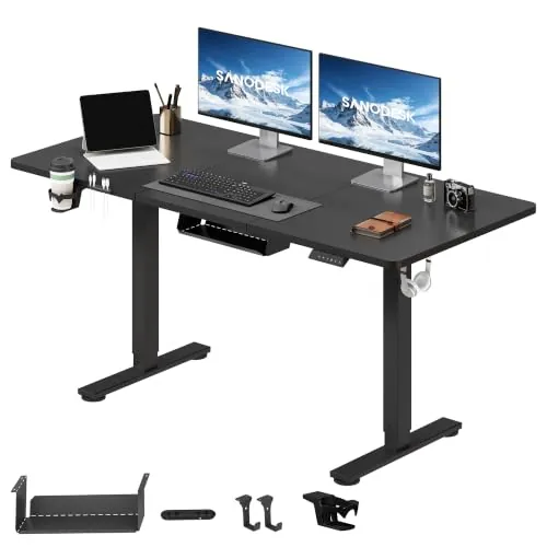 SANODESK Escritorio Elevable Eléctrico 140x60cm, Mesa Ajustable en Altura con Sistema Anticolisión, Función de Memoria de 4 Alturas con Gancho y Caja de Almacenamiento, Negro