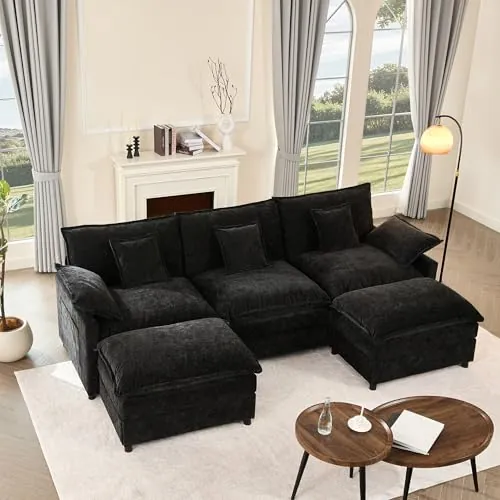 Litbird 274 cm Sofá 3 Plazas Modular en Forma de U con Pufs Móviles, Negro