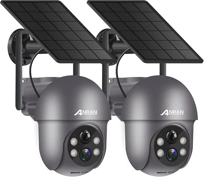 ANRAN 2K Cámara Vigilancia WiFi Exterior con Panel Solar, PTZ 360° Cámara de Seguridad sin Cables con Batería, Detección Humana PIR, Visión Nocturna a Color, Audio Bidireccional, Q01 Gris, 2 Piezas