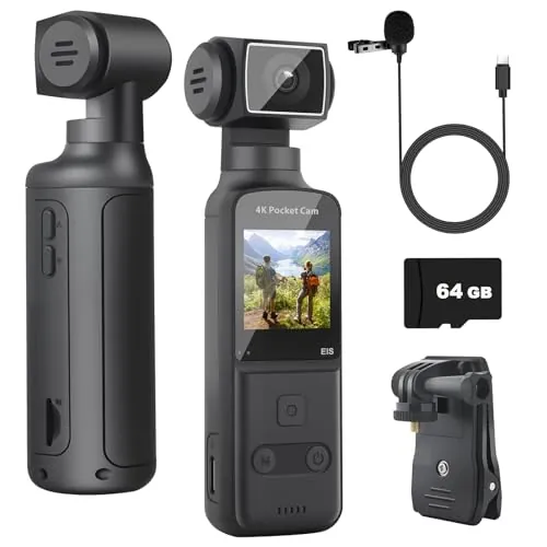 ydi Cámara Corporal 4K con Micrófono Externo, Video y Audio Mini Pocket CAM Rotación 270° Cámara para Deporte, Bicicleta, Viajes, Grabación Policial, 64 GB Incluidos