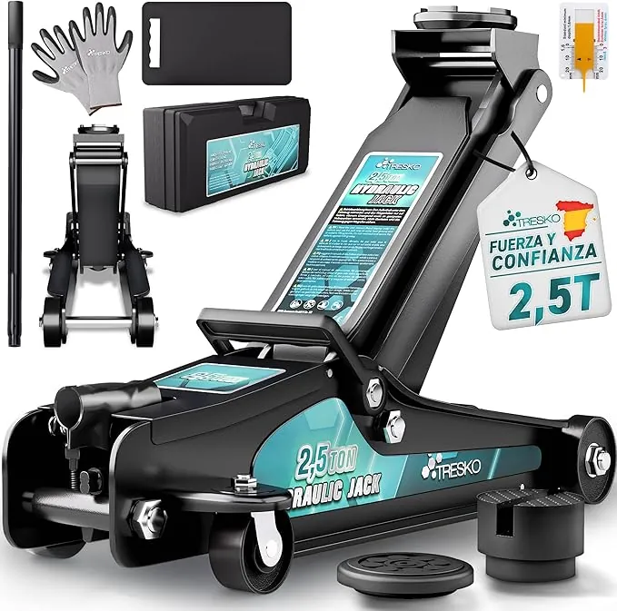 TRESKO Gato hidráulico de 2,5T altura de elevación 85-385 mm con maletín | Gato hidráulico auto plano para coche - Ruedas de 360° con 2 almohadillas de goma, estera de rodilla, guantes, cuchillo