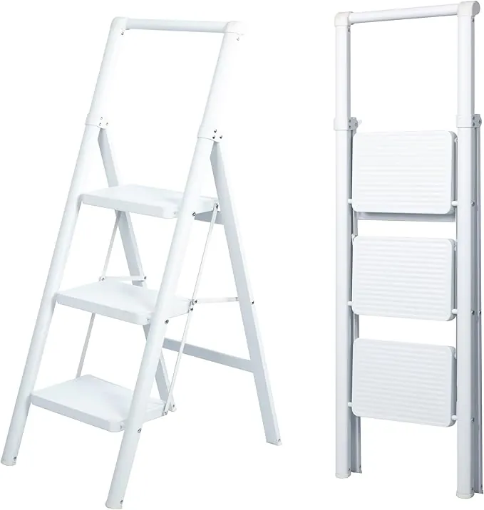 UZIRO Escalera Plegable 3 Peldaños, Liviana y Compacta, Diseño Decorativo, Peldaños Anchos Antideslizantes, Ideal para Uso en Hogar, Cocina y Oficina, Fácil de Guardar y Transportar, Alta Durabilidad
