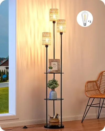 EDISHINE Lámpara de Pie Salón, 3 Luces LED con Estante, Bohemio, Negro | con Estante & Pantalla de Ratán Trenzado a Mano, Casquillo E27, Bombilla Incluida, para Dormitorio, Oficina, 178 cm