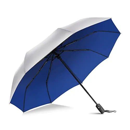ZOMAKE Paraguas Plegable UPF 50+ – Parasol Automático con Revestimiento Plateado UV, Compacto y Portátil de Bolsillo para Verano, Playa y Viaje (Azul Plata)