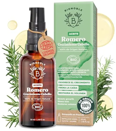 BIONOBLE Aceite de Romero para el Cabello Orgánico - Estimula Crecimiento Pelo, Nutre el Cuero Cabelludo - Aceite Esencial de Romero, Ricino - Rosemary Oil Hair Growth - Botella Vidrio, Pipeta - 50ml