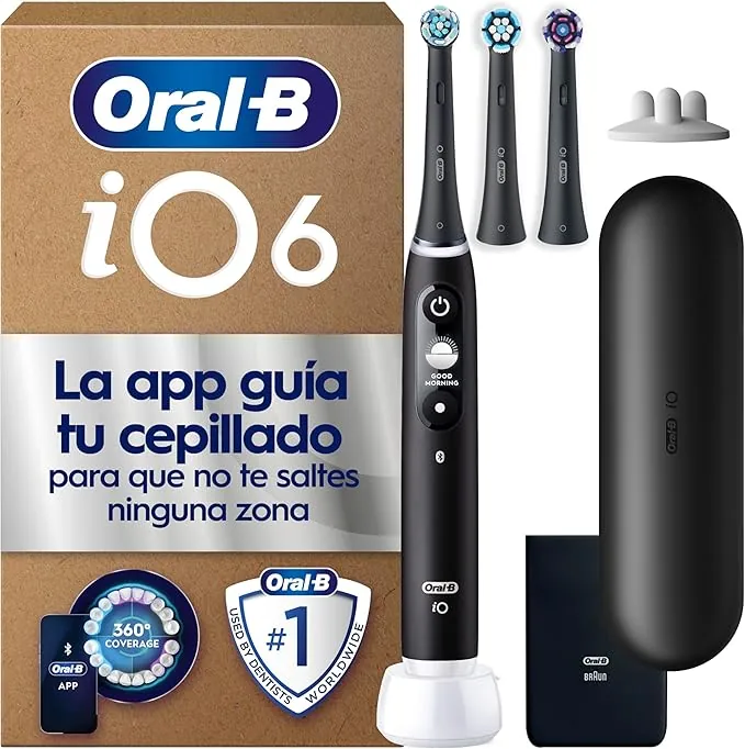 Oral-B iO 6 Cepillo De Dientes Eléctrico Negro con Mango Recargable, 3 Cabezales, 1 Estuche De Viaje, 5 Modos De Cepillado Con Blanqueamiento Dental, Sensor De Presión, Diseñado Por Braun