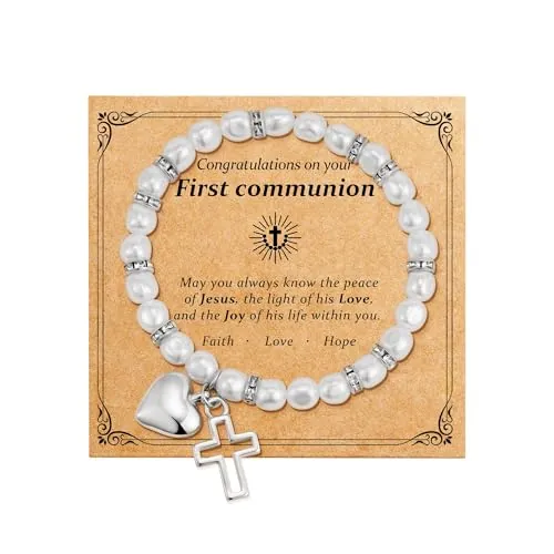 ZephyrHome Regalos de Primera Comunión para Niñas - Pulsera de Corazón con Cruz bañada en Oro Blanco de 14 K. Pulsera de Primera Comunión para Bautismo y Comunión Regalos para Adolescentes.