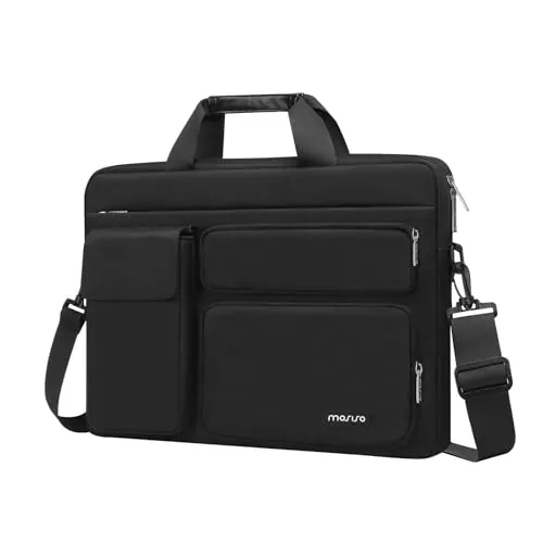 MOSISO Bolso Bandolera Portátil, Maletín con 2 Bolsillos Elevados&1 Solapa&1 Bolsillo Horizontal&Asa&Cinturón, Compatible con MacBook HP Lenovo Dell ASUS Acer, Negro, 16 Pulgadas