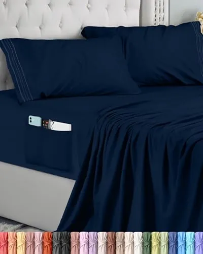 Utopia Bedding Juego de Sabanas 3 Piezas 90x190 - Microfibra De Poliéster, Sábana Bajera con Bolsillos de Almacenamiento, Sábana Plana Y 1 Funda De Almohada Bordadas (Cama 90, Azul Marino)