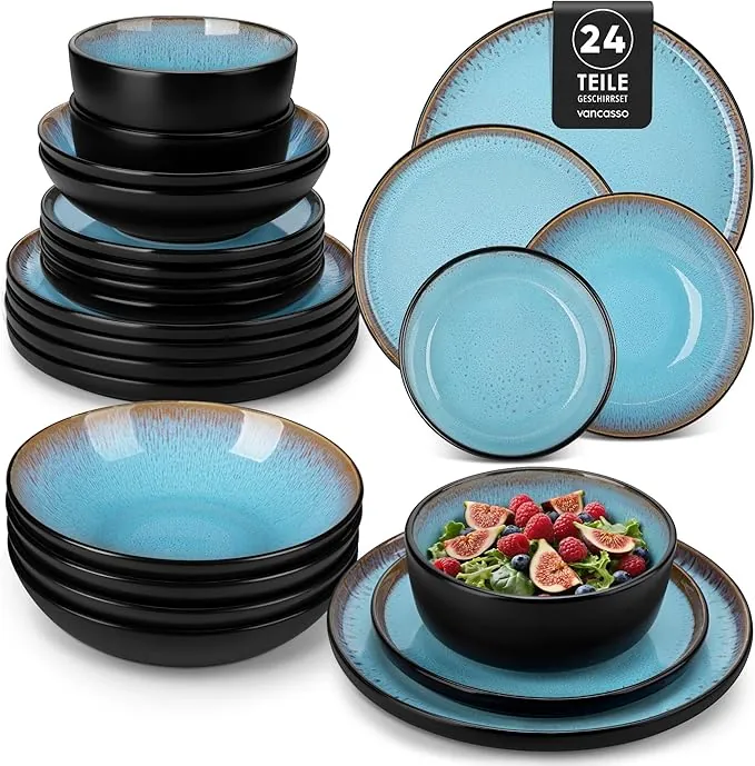 vancasso AMBER Juego de Vajilla Completo para 6 Personas, Plato Vajilla 24 Piezas de Gres - Platos Llanos, Platos de Postre, Ensaladeras y Cuencos - Apto para Lavavajillas, Esmalte Reactivo Azul