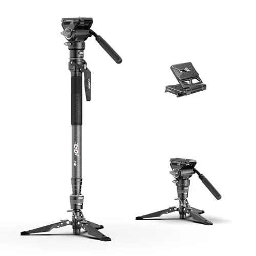 COMAN Monopié de Fibra de Carbono con Elevación en un Clic, Patas de Soporte Desmontables Monopod, Cámara 175cm,Monopié para Vídeo Placa de Liberación Rápida para Cámara, DSLR,Carga Máxima de 10kg