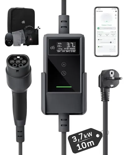 dé Cargador Coche Electrico App 3,7kW 10m, 6-16A Ajustable, Monofásico
