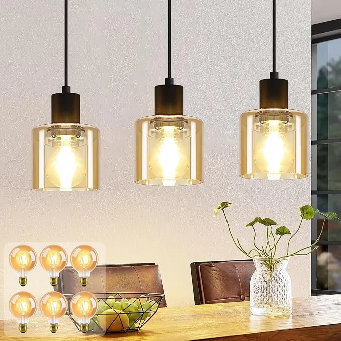 ZMH Lámpara colgante LED para mesa de comedor, vintage de 3 llamas, E27 de metal, retro para sala de estar, cocina y comedor, 6 bombillas G80 incluidas