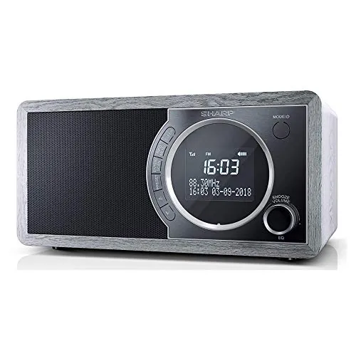 SHARP DR-450(GR) Alarm Clock Radio with Dab Tuner, Dab+, FM, Bluetooth 4.2, Maximum Power 6W, LCD Display, Wooden Housing and Stainless Steel Front Panel