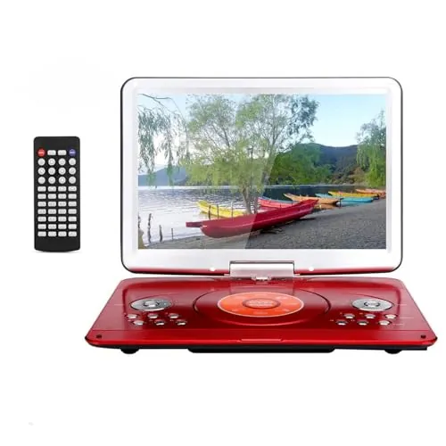 YOOHOO Reproductores de DVD portátiles de 16,9" con Pantalla LCD Grande giratoria de 14,1" Reproductores de DVD de Viaje para niños Adaptador de Coche Recargable Compatible con Tarjeta, Rojo