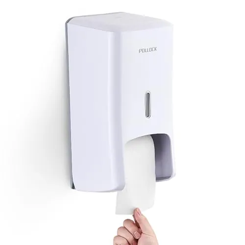 Pollock Dispensador de Doble Rollo de Papel Higiénico, Sin Taladrar | Gran Capacidad | Montaje en Pared | Comercial | Con Cerradura, Dispensador de Toallas de Papel Higiénico para Baño, Blanco