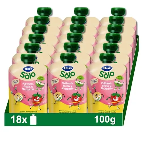 Hero Solo Bolsitas Plátano Fresa y Manzana Bebé Desde 6 Meses, 18 x 100 g | Merienda de fruta natural, Formato pouch práctico, Baby, Sin aceite de palma, Sin azúcares añadidos, Sabor natural
