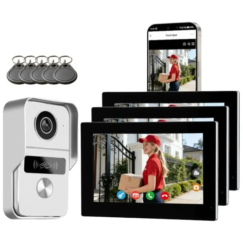 Videoportero Smartphone 2 Hilos, Timbre Video Mirilla y 7'' Pantalla Táctil, Visión Nocturna, Desbloqueo Remoto, Audio Bidireccionall para Chalet,casa, 2,4/5GHz,1 cámara y 3 monitores