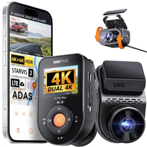 VANTRUE S1 Pro MAX 4K+4K Dual STARVIS 2 Dash CAM Coche, dashcam cámara Coche, 5G WiFi PlatePix AI GPS 360 Grados HDR Buffer, cámara para Coche, LTE Opcional, comandos de Voz, 1 TB máx.