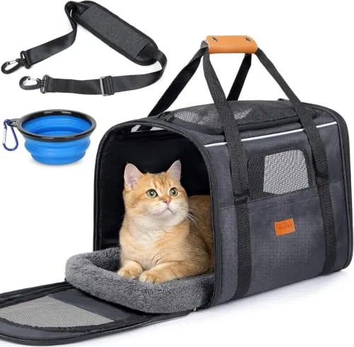 morpilot Transportín Perro Gato, Bolsa Transporte Transpirable para Mascotas, Portador de Viaje con Correa de Hombro Ajustable, Transporte de Gato con Colchón Suave+Tazón (Negro 46 x 32 x 36 cm)