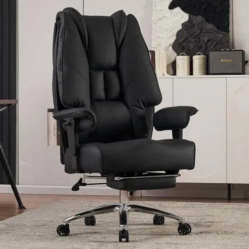 EXCEBET Silla de Oficina Ejecutiva de Cuero PU, Silla de Trabajo Ergonómica 200 kg, Grandes Tallas, Asiento de Muelles Ensacados 14 cm, Respaldo Alto, Silla de Ordenador con Reposapiés (Negra)