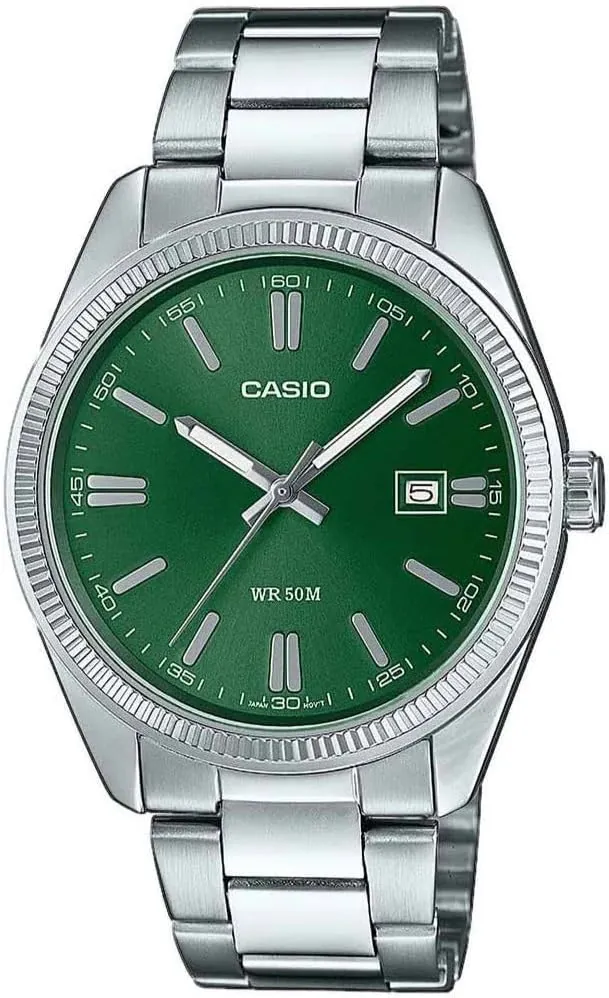Casio Reloj Cuarzo Unisex 39.00mm con dial Analógico Verde y Correa de Pulsera de Metal Plata MTP-1302PD-3AVEF