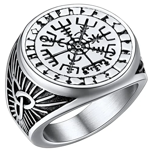 FaithHeart Anillo Hombre Vegvisir Runas Vikingas Anillo Sello Acero Inoxidable 316 Anillo Ancho Vintage Talla 7 Joyería Nórdica Moral Amuleto Protección