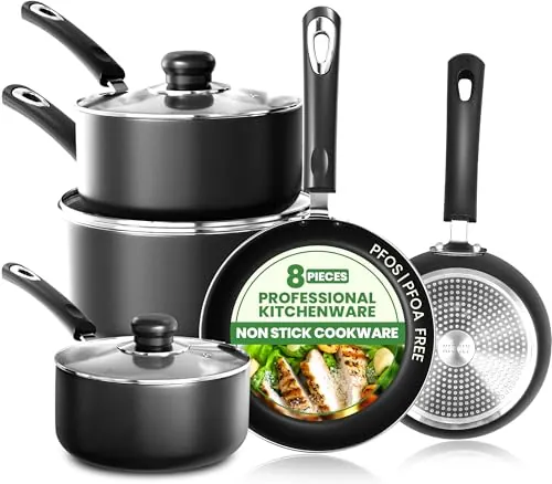 KICHLY Juego de ollas y sartenes antiadherentes 5 piezas, juego de cocina, sartenes de inducción de 20 cm, 28 cm, cacerolas con tapas 20 cm, 18 cm, cacerola sin inducción 16 cm, juego de ollas y
