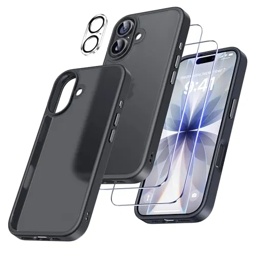 FLLAO 4 en 1 Funda para iPhone 17 6.3", Negro Vintage | 2 Protector Pantalla y 1 Protector Lente Cámara, Almohadilla de Aire integrada, Antigolpes Antiarañazos Capa Carcasa