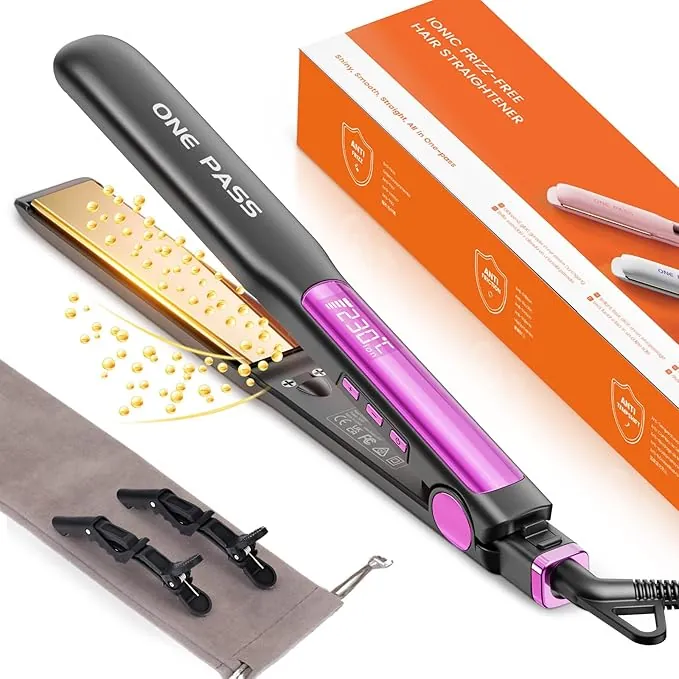 Faszin - Plancha para pelo con placas de titanio liso, plancha para alisar negativos iones protector, 20S calienta rápido, pantalla LCD, voltaje universal, alisador de pelo 2 en 1 (gris)