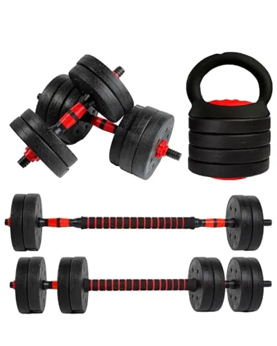 unycos - Juego de Mancuernas Ajustables 4 en 1 con Barra Recta de Conexión, Discos【15 kg】de Cemento Recubiertos, Pesas Clásicas, Pesa Rusa, Soportes para Flexiones, Fitness (Red Transformer)