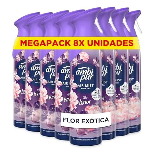 Ambipur Flor Exótica Ambientador En Spray 185ml x 8, Con Una Fragancia El Doble De Duradera Que Elimina Olores Y Deja Un Aroma Fresco Y Ligero
