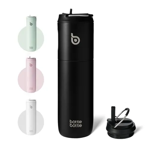 BOTTLE BOTTLE Botella de agua termo de 710 ml con tapa de pajita y asa, de acero inoxidable de doble pared con aislamiento al vacío, a prueba de fugas, sin BPA, para deporte, viaje, gimnasio, negro