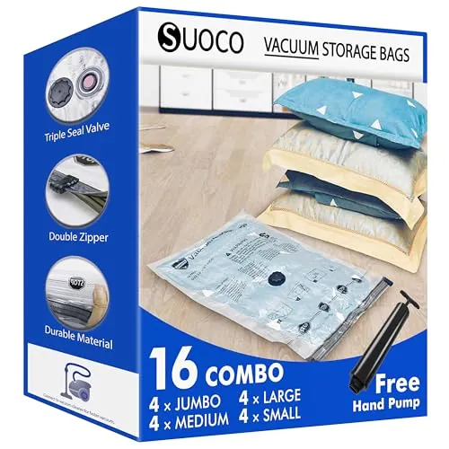 SUOCO bolsas de vacío ropa con bomba, 16 conjuntos (4 XL/4 grandes/4 medianas/4 pequeñas), bolsas de almacenaje al vacío para ropa de cama, viaje y mudanza