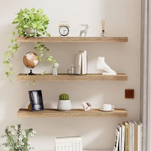 wyewye Juego de 3 estantes flotantes de madera, estantes rústicos montados en la pared, estante flotante decorativo de 60 cm, estantes de exhibición de pared con soportes invisibles para dormitorio,