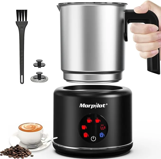 Morpilot Espumador de Leche Eléctrico 500ml, Calentador de Leche 6 en 1, para Espuma Caliente y Fría, Chocolate Caliente, Latte, Capuchino y Macchiato, Apto para Lavajillas, Acero Inoxidable, Negro