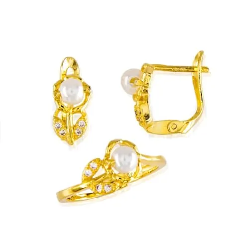 Minoplata Juego Pendientes y Anillo flor de Plata chapada en Oro con Perlas cultivadas y Circonitas para niña