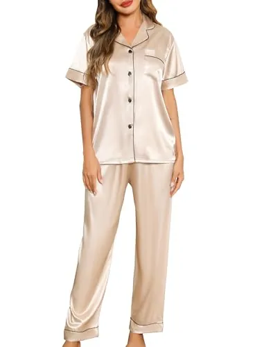 Lovasy Pijama Saten Mujer Manga Corta Botones Conjunto De Pijama Mujer Largo 2 Piezas,Champán,XL