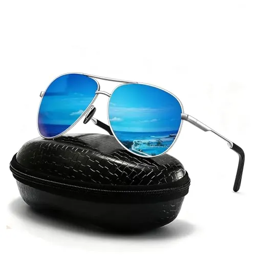 DXRPO Gafas de Sol Hombre Mujer Polarizadas Aviador, UV400 en Aleación Al-Mg Premium, Marco Metálico Vintage Outdoor, Azul/Plateado