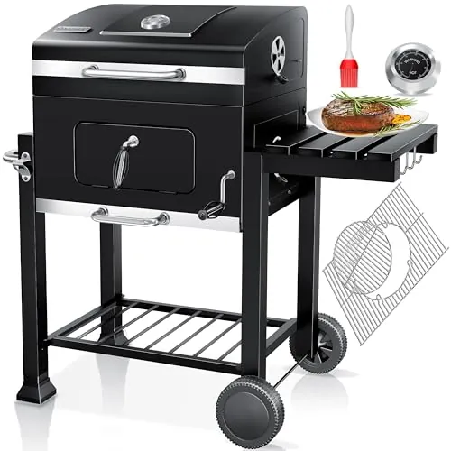 KESSER® Parilla de Carbón con Carrito Grill con Tapa, Ruedas, Mango de Acero Inoxidable | Barbacoa y Termómetro Carbón Grande BBQ Asador Camping, Terraza, Jardín XL Negro