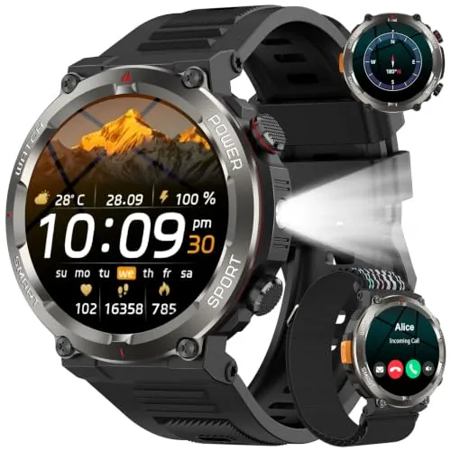 Reloj Inteligente Hombre, Smartwatch Hombre con Linterna, Brújula,2 Correas
