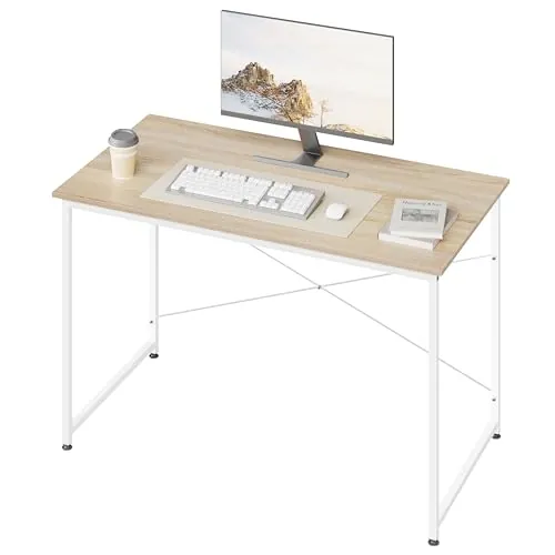 WOLTU Escritorio de Trabajo, Mesa de Ordenador, Roble Claro + Blanca | Con Soporte Metálico, para Estudio, Oficina y Dormitorio, Madera + Metal, 120x60x75 cm