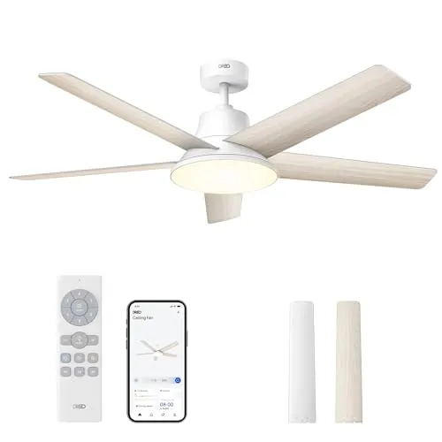 Dreo ventilador techo inteligente de 132 cm con luz LED regulable, 12 velocidades, 3 modos, temporizador de 12h, motor DC silencioso, control por control remoto/APP/Alexa, blanco para interiores