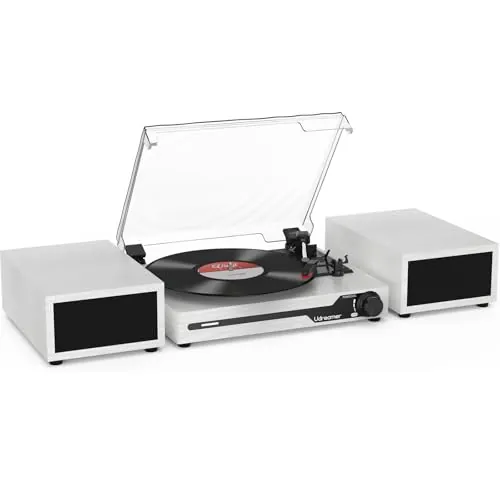 Udreamer Tocadiscos con 2 Altavoces Estéreo Duales, Vintage Tocadiscos con Bluetooth 5.3 Compatible 3 Velocidades, Entrada Auxiliar, Línea RCA, USB, Reproducción Inalámbrica, Blanco